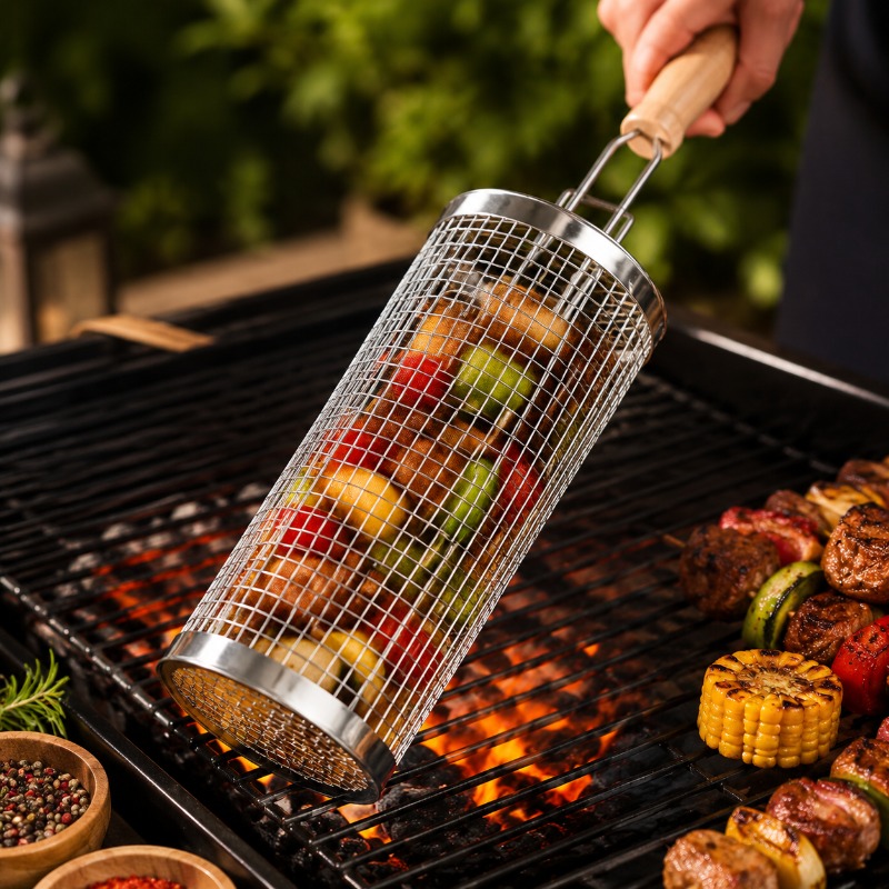 Outdoor Camping Grill - Round Barbecue Grill Basket Set Stainless
